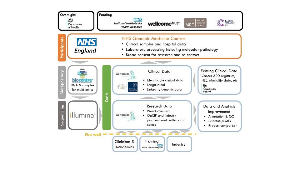 Figure 1: Pattern of workflows between Genomic Medicine Centres for samples and data. Exiting and longitudinal data is drawn from health records and is linked to genomic data in the Research Environme