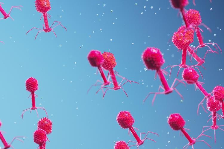 Artist's rendering of bacteriophages floating.